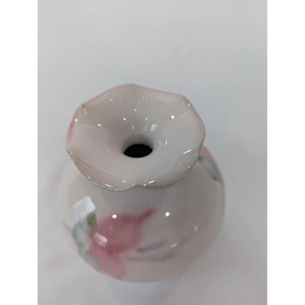Jon Tury Michigan Studio Pottery Floral Bud Vase Ruffled Rim Pink White 4x4